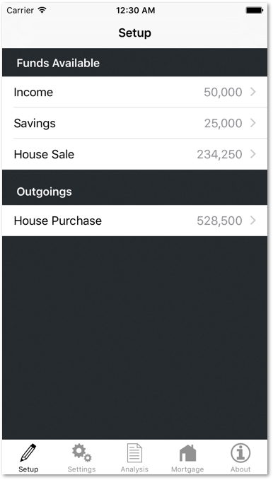 My Mortgage Mate iPhone App Setup Screen